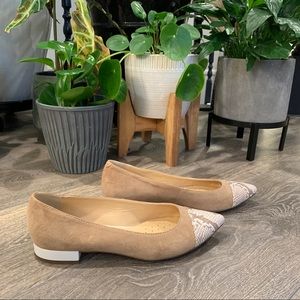 geox tan suede flats w/ snakeskin toe & white heel